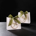 White wedding candy gift bag with green satin bow and golden Thank You foil print - 14x6x12cm / White Bag + Green Ribbon