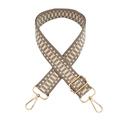 Detailed view of woven beige and grey geometric bag strap with golden metal lobster clasps - Khaki Rice White Geometric Pattern (Gold Hardware)