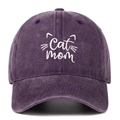 Detail of white Cat mom embroidery and cat ears on dark purple washed cotton baseball cap - One Size / Purple