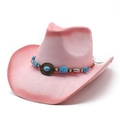 Pink gradient straw cowboy hat with wide brim and bohemian turquoise beaded band detail - Rose Pink