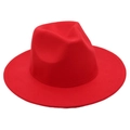 Close-up of vibrant red wool felt fedora hat showing clean stitching and wide brim details - One Size / Red