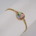 Gold stainless steel Figaro bracelet with letter B round pendant and colorful enamel - Abalone Shell / Letter B / Colorful