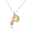 Close-up of letter P pendant with gold hammer texture and silver accent on box chain - Letter P