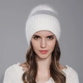 Berretto in maglia di pelliccia di coniglio bianco e grigio da donna caldo per l'inverno - Bianco