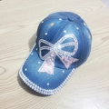 Blue denim baseball cap featuring a large rhinestone bow design and double-row studs - Adult, Adjustable / Denim Blue Bow Ribbon
