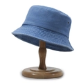 Vintage washed blue denim bucket hat with stitched brim on a wooden display stand - One Size / Sapphire Blue