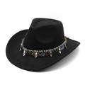 Classic black felt cowboy hat with colorful ethnic embroidery and silver metal charms - M (56-58cm) / Black