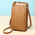 Vertical tan PU leather phone crossbody bag with decorative V-shaped leaf stitching - Brown