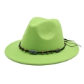 Detail of bright green wool fedora with black beaded band and turquoise stone accents - Fruit Green