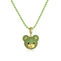 Cute green bear pendant necklace with full cubic zirconia stones and beaded chain - Gold Green Zirconia
