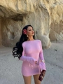 Elegante vestido rosa sin espalda en tela texturizada con mangas largas con cordones - S / Rosa