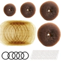 Brown hair bun maker set with golden hairnet and silver U-shaped pins for hairstyling - 49-Piece Light Coffee / Light Coffee