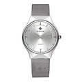 Men's quartz watch with silver mesh band, white dial and date window display - Silver Case White Dial