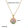Dettaglio del ciondolo floreale stile pittura a olio con dimensioni della catena in acciaio - Grande Fiore Dettagliato Rosa (TN3672-PK)