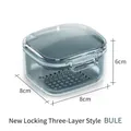Three-layer blue orthodontic retainer box with soaking tray and drainage hole - U055 Lock Type / Blue