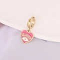 Fashionable gold hoop earrings with pink enamel heart and eyelash eye pattern charm - Rose Red