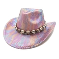 Detailed overhead view of western cowboy hat with purple snake pattern and shell band - Pink