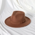 Close-up of caramel wool fedora hat with a matching grosgrain ribbon and bow detail - 58cm (Adult) / Dark Camel