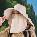 Women's beige sun hat with large brim, breathable face mask, and neck protection flap - Oatmeal