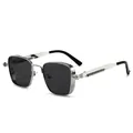 Macro detail of steampunk sunglasses featuring vintage silver metal frame and spring hinges - Silver Frame Grey Lens