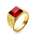 Men's gold-plated stainless steel ring with large rectangle red gemstone and mesh texture - US 7 / Gold Red