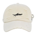 Detail of distressed beige cotton baseball cap with Asher embroidery and metal rings - Adjustable / Off White