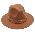 Close-up of brown wool felt fedora featuring a leather band with silver rivet studs - M (56-58cm) / Khaki