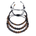 Three-piece men's beaded bracelet set featuring tiger eye, lava rock, and hematite beads - Tiger Eye Lava Stone Black Agate 3-Piece Woven Rope Bracelet (B-S24082801A)