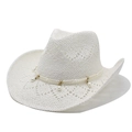 Sombrero de vaquero de paja blanca con calado y cadena de perlas de doble capa - M (56-58cm) / Blanco