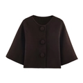 Women's dark brown cropped knit cardigan with oversized fabric buttons and round neck - S / Coffee