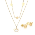 Golden double-layer crown necklace set with white shell inlay and matching studs - White Shell Crown Style (KS201100-HDJ)