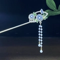 Chinesische Quasten-Haarnadel mit blauem Schmetterling, Blumen und Perlenanhänger - Schmetterling Blume Tian-tsui Stil Künstliche Perle Quaste Stil (0368) / Blau