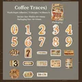 Vintage coffee tone washi stickers featuring numbers and stamps in a 46-piece set - Coffee Stains