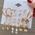 Set of 6 gold geometric earrings featuring pearl charms and C-shape hoop designs - Twisted Triangle and Pearl Hoop Set (B03-01-37)