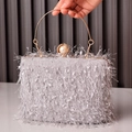Silver fringe clutch evening bag with gold circular handle and pearl rhinestone closure - Gray