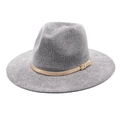 Detail of dark grey chenille fedora hat featuring a brown leather band and gold buckle - M (56-58cm) / Gray
