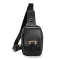 Bolso de pecho vintage en cuero PU negro texturizado con elegantes herrajes dorados - Negro