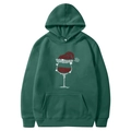 Dark green fleece hoodie with sparkling Christmas wine glass graphic and drawstrings - S / Tops / Dark Green - Rhinestone Christmas Wine Glass (42)