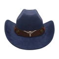Dunkelblauer Westernhut mit braunem Lederband und silbernem Stierkopf-Ornament - Marineblau