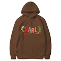 Brown Christmas hoodie featuring festive CHARLIE lettering with reindeer and candy cane art - Coffee