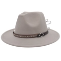 Detail of grey felt fedora featuring ethnic geometric band and leather strap with studs - M (56-58cm) / Light Gray