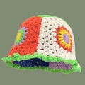 Close-up of handmade crochet bucket hat featuring colorful floral knit pattern textures - One Size / Colorful Flower Hat