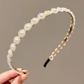 Elegant gold headband featuring white pearl flower accents and black protective tips - Style 8 Small Daisy