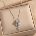 Silver star pendant necklace with white pearl and micro-pave cubic zirconia on steel chain - Silver Pearl Star Circle Necklace (464)