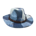 Western cowboy hat in patchwork denim with leather band and silver steer skull ornament - One Size / Denim Bull Head / Light Blue
