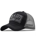 Macro detail of the breathable mesh back and 3D Style embroidery on this trucker hat - Black Grey Patchwork