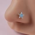 Star shaped silver nose stud with turquoise gemstone and crystal accents - Blue Pentagram
