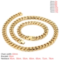 Conjunto de collar y pulsera de cadena cubana de 10mm en acero de titanio dorado - 45cm / Dorado