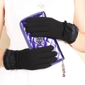 Warm black winter gloves with faux fur trim, lace, and cute bow detail for women - Fleece Double Fur - Black
