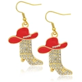 Red enamel cowboy hat and sparkling zircon western boot drop earrings in gold finish - Style 12 (Red Hat Gold Boot)